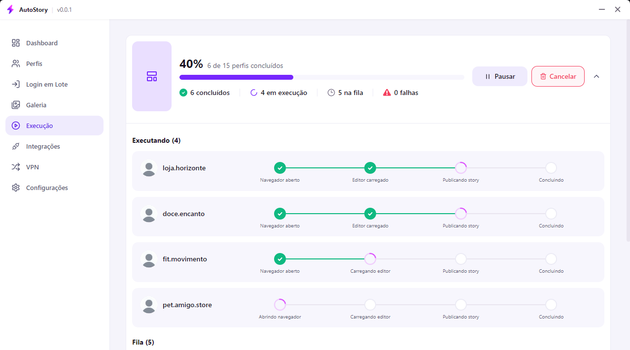 Tela de Execução do AutoStory publicando stories em vários perfis ao mesmo tempo